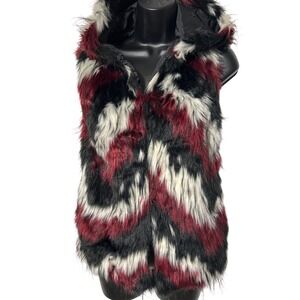 Say What Faux Fur Hooded Vest Red‎ Black White Sleeveless Festival Layering M